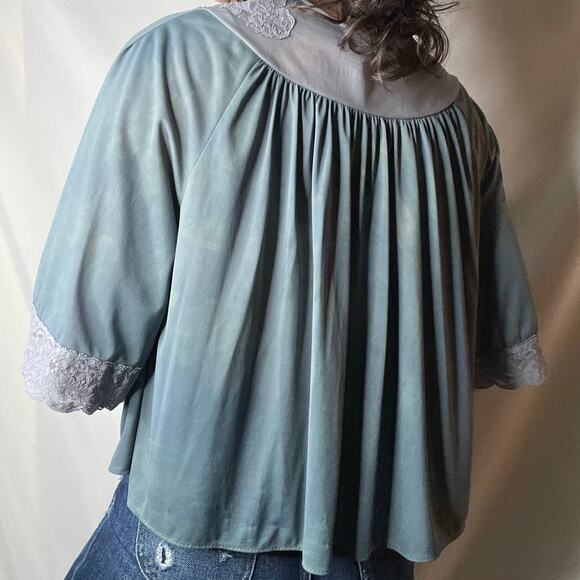 Vintage 60s lace trimmed bed jacket tie dye dyed teal blue cropped layering M - Picture 3 of 17
